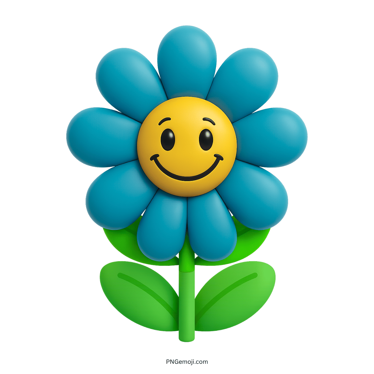 Smiling blue flower emoji with yellow center and green leaves on transparent background.