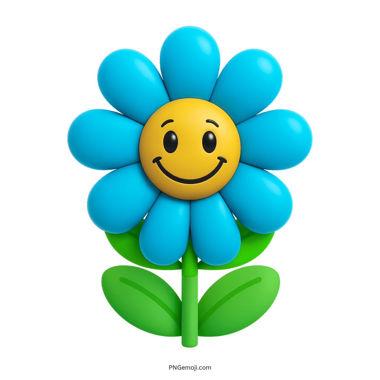 Smiling blue flower emoji with yellow center and green leaves on transparent background.