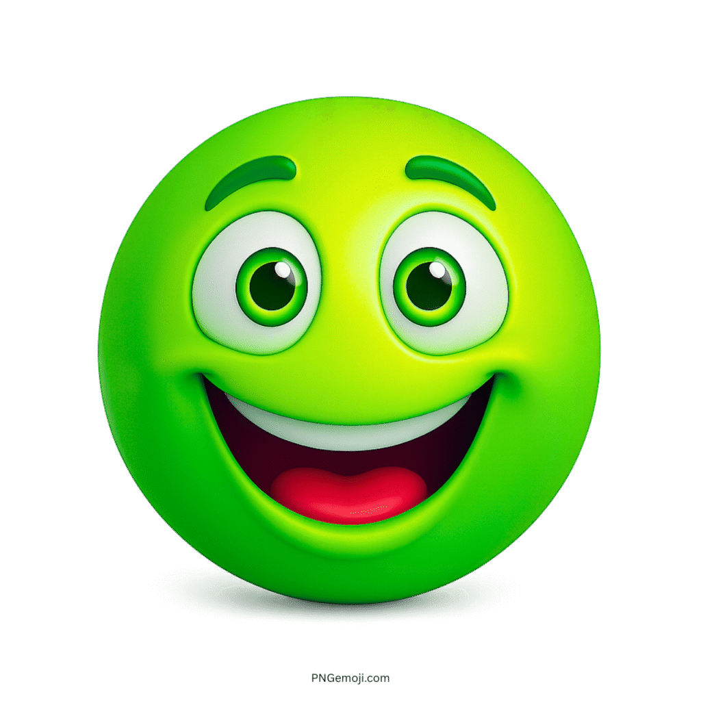 3D green emoji smiling with bright eyes and cheerful facial expression