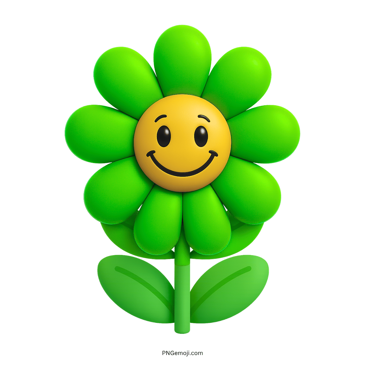 Smiling green flower emoji with yellow center and green petals on transparent background.