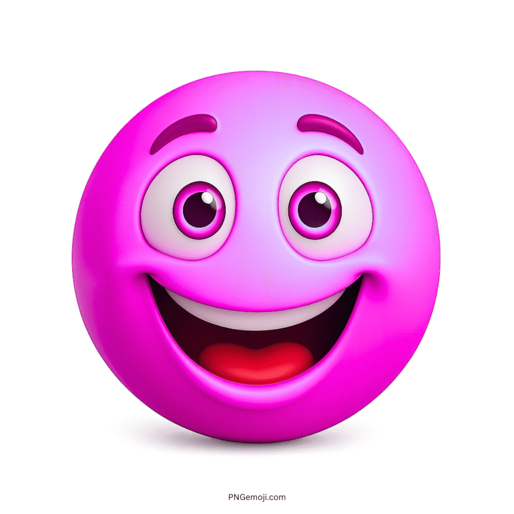 3D pink emoji with big happy eyes and a joyful cartoon smile