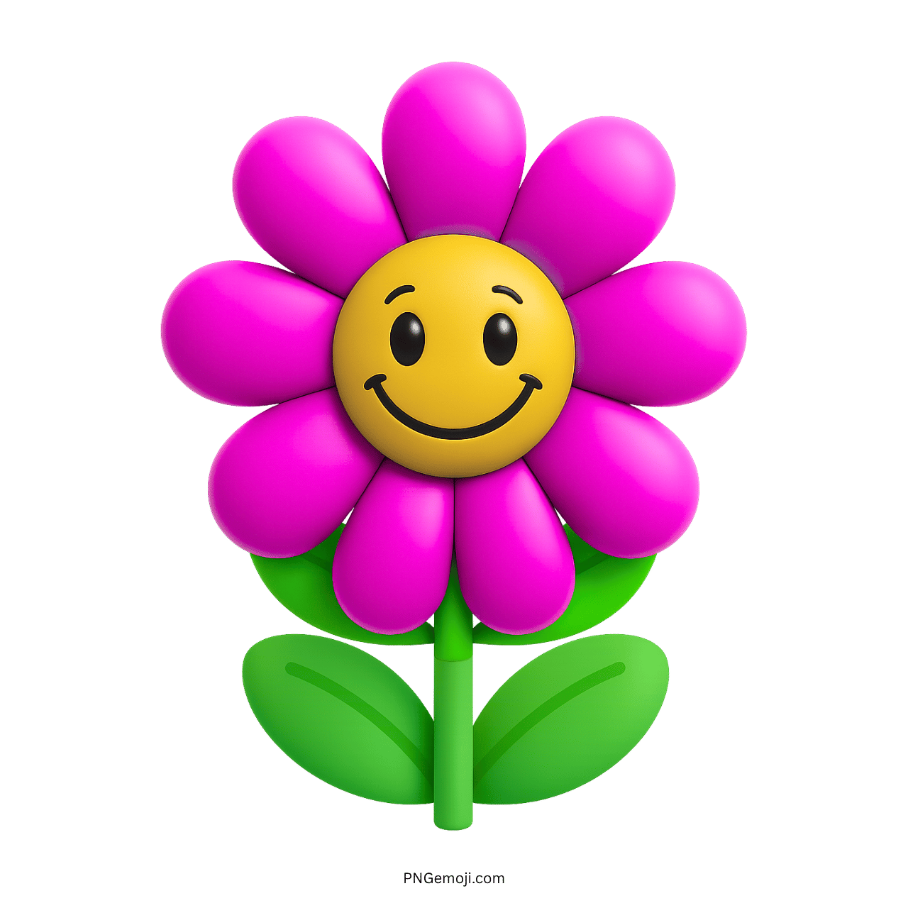 Smiling pink flower emoji with yellow center and green leaves on transparent background.