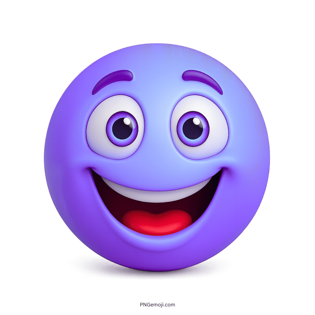Cheerful 3D purple emoji with smiling face and expressive cartoon-style eyes