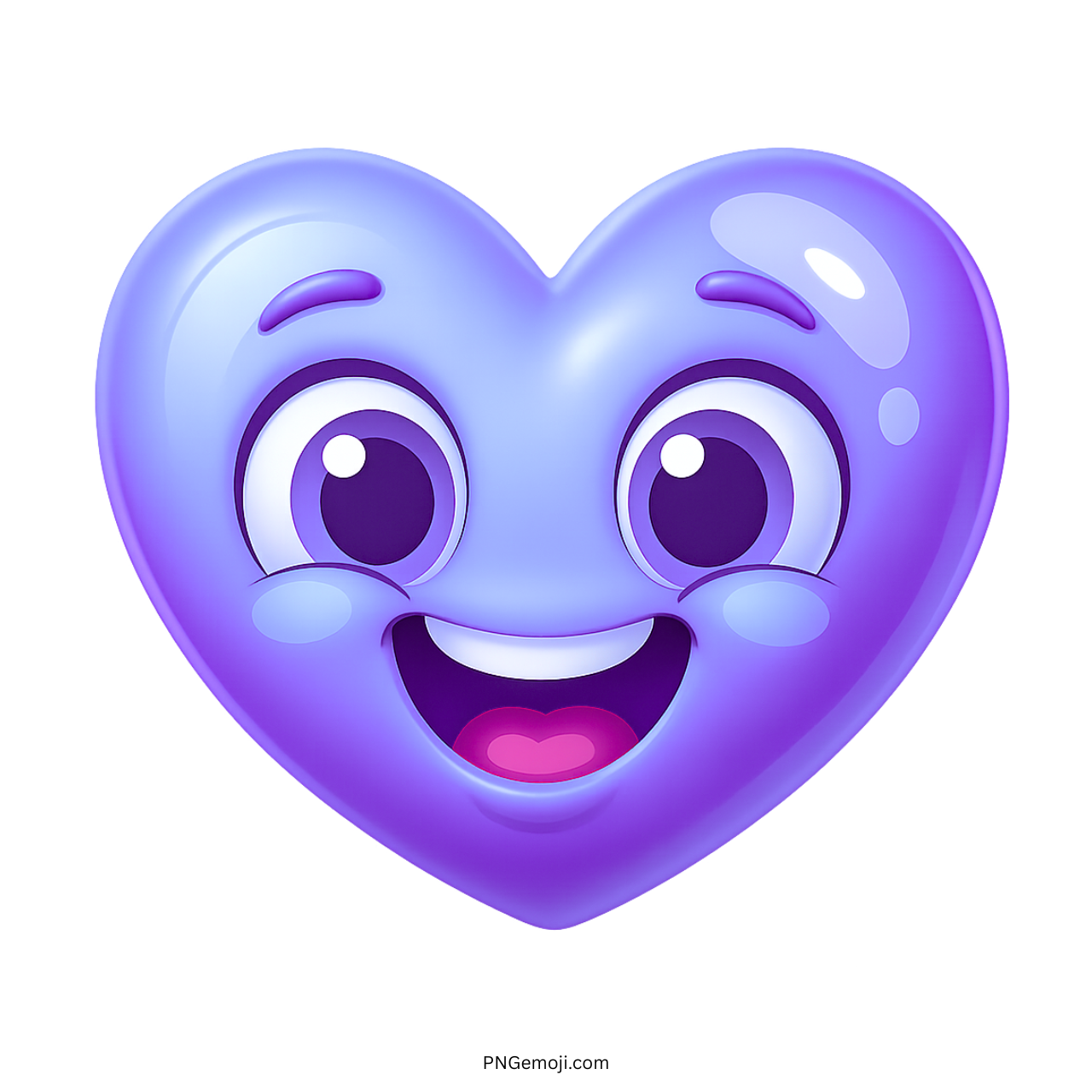 Smiling purple heart emoji with joyful eyes and a cute, shiny cartoon face