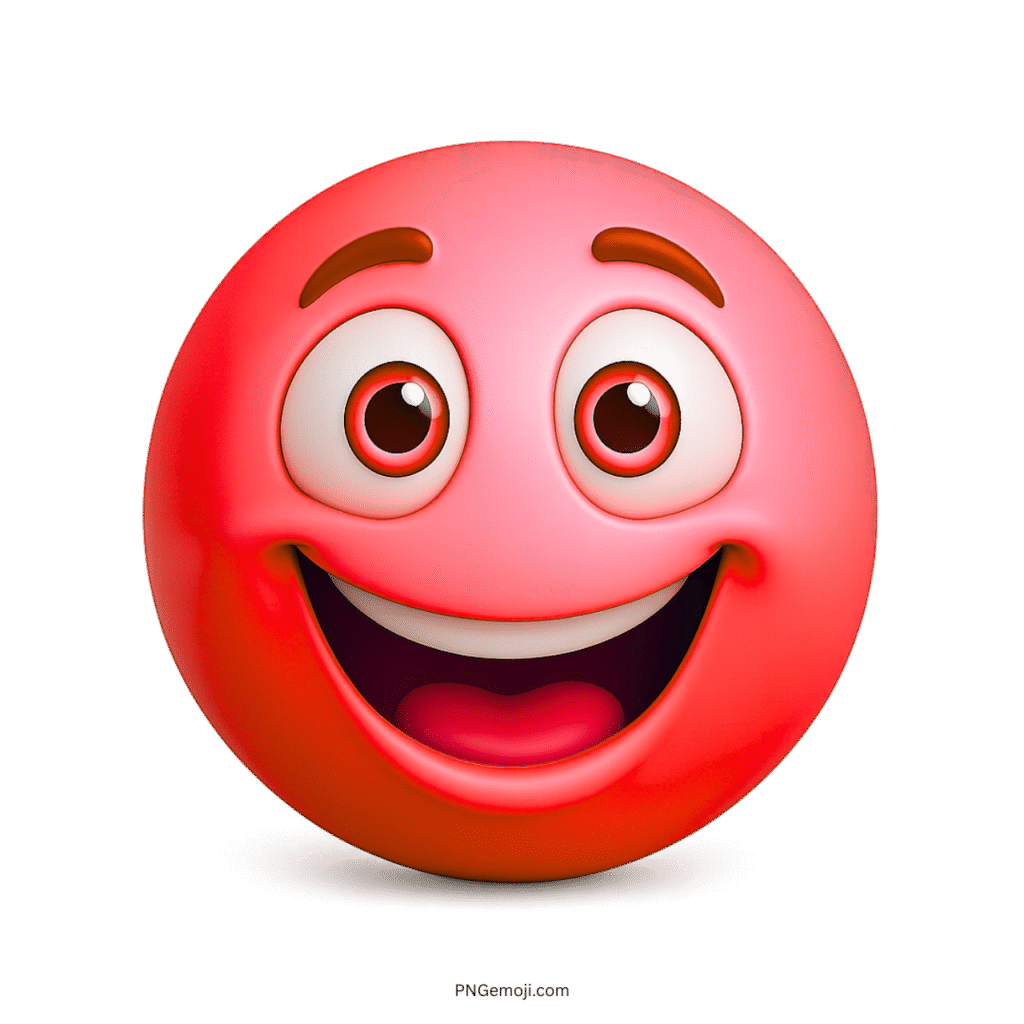 3D red emoji with joyful smile and wide cartoon eyes on shiny face