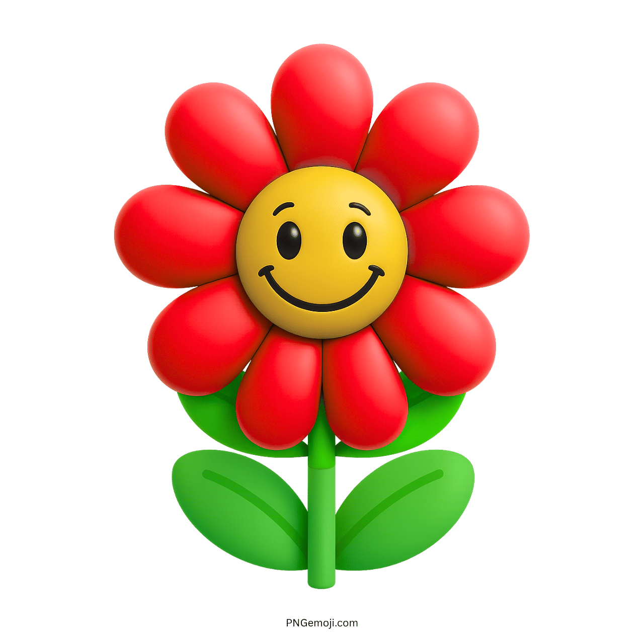 Smiling red flower emoji with yellow center and green leaves on transparent background.