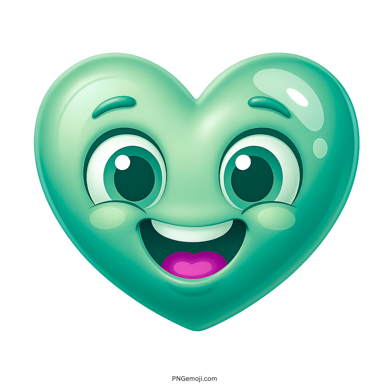 Smiling teal heart emoji with cartoon eyes and cheerful happy face expression