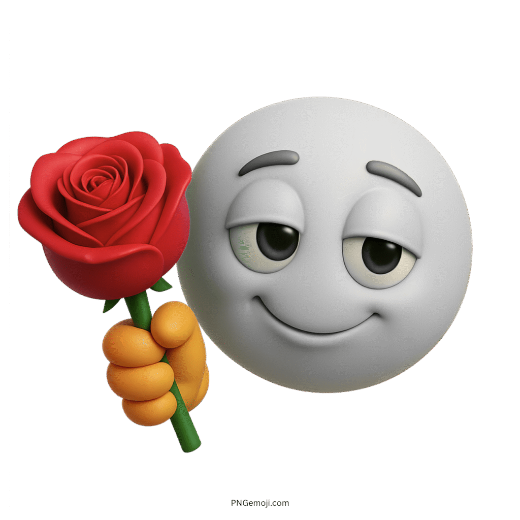 3D white emoji holding red rose with flirty, confident romantic facial expression