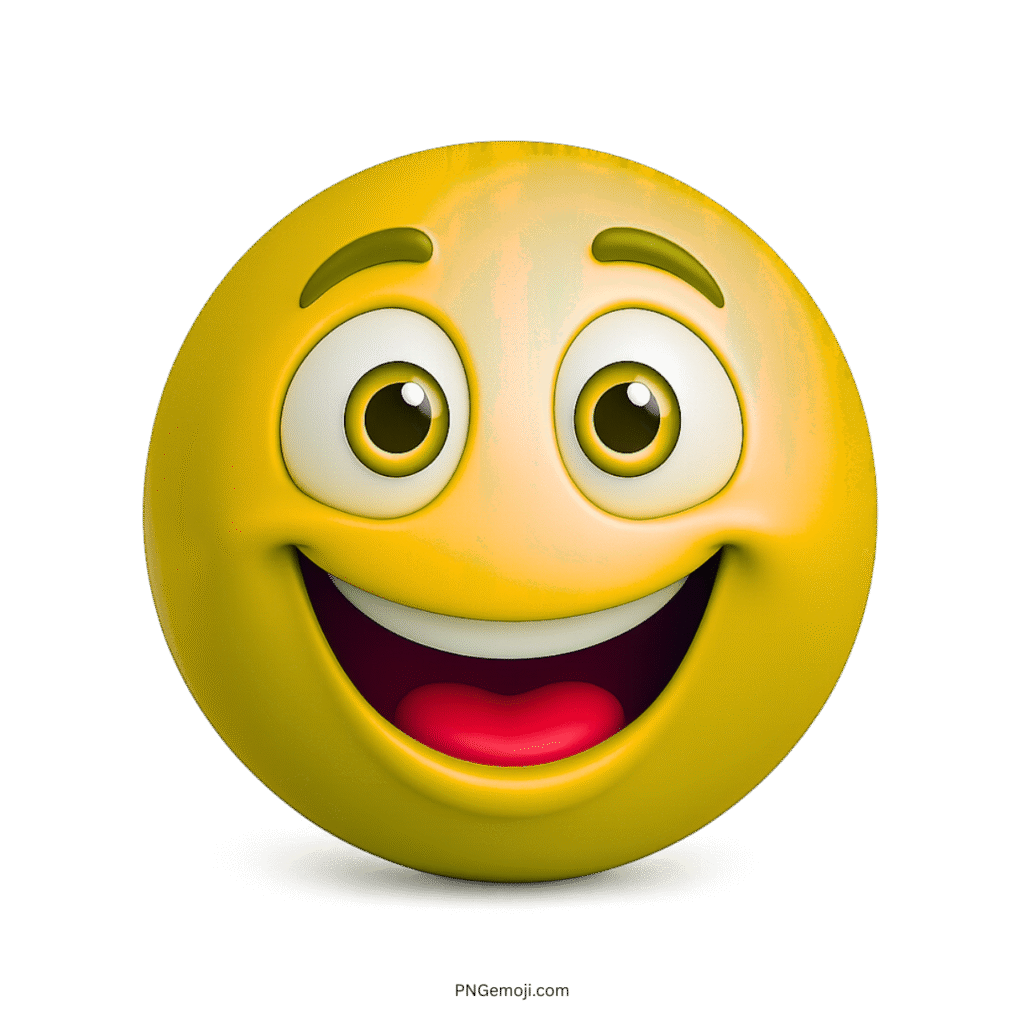 3D yellow smiling emoji with joyful cartoon eyes and cheerful face