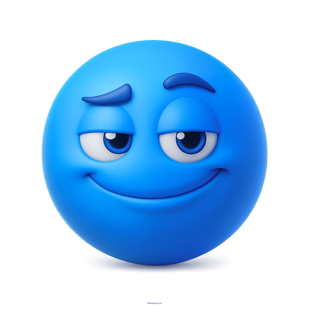 3D smug blue emoji face with raised brow and confident checking-out expression