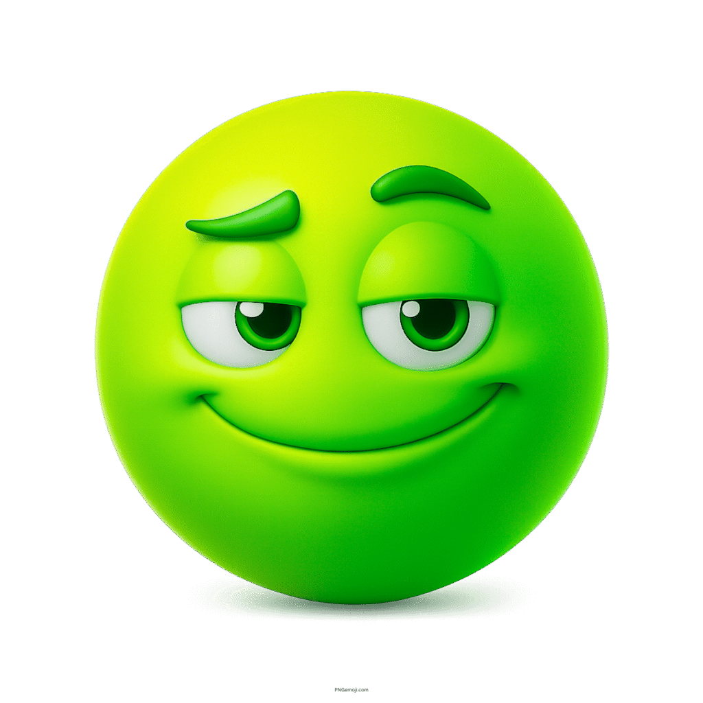 3D smug green emoji with confident checking-out look and playful raised eyebrow