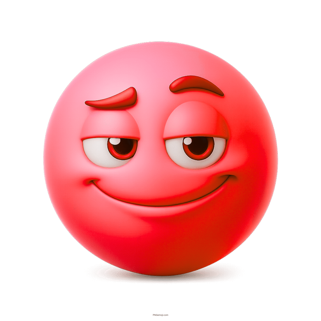 3D smug red emoji face with confident checking-out look and sly raised brow