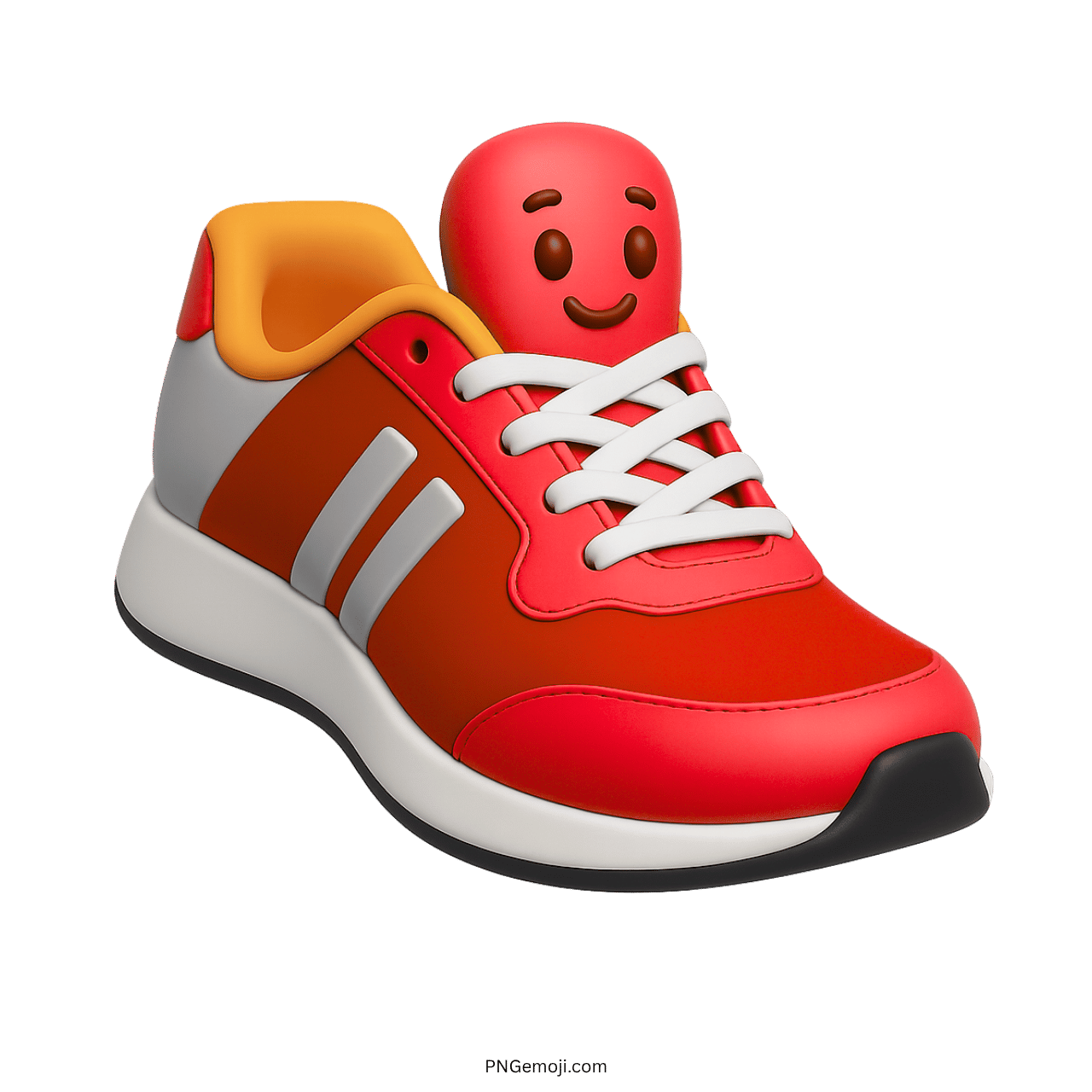 3D red cartoon sneakers emoji with smiling face and white laces in PNG format