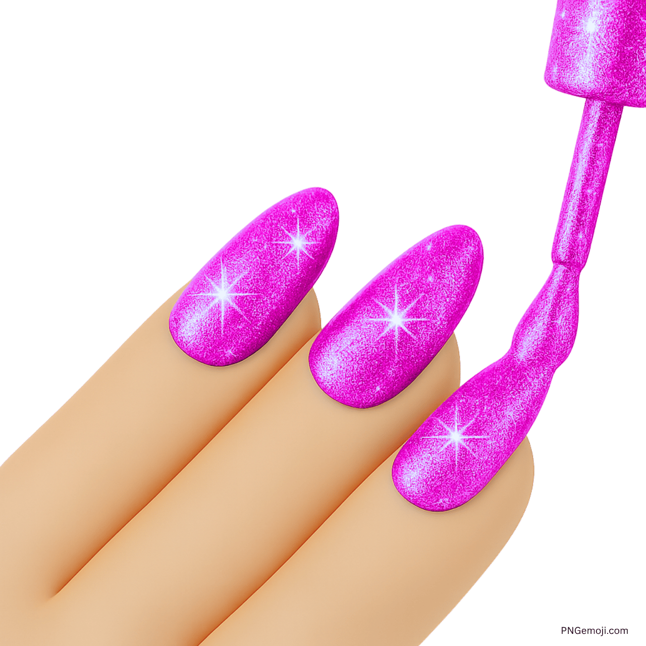 Shiny pink glitter nail polish applied on long manicured emoji nails in 3D style