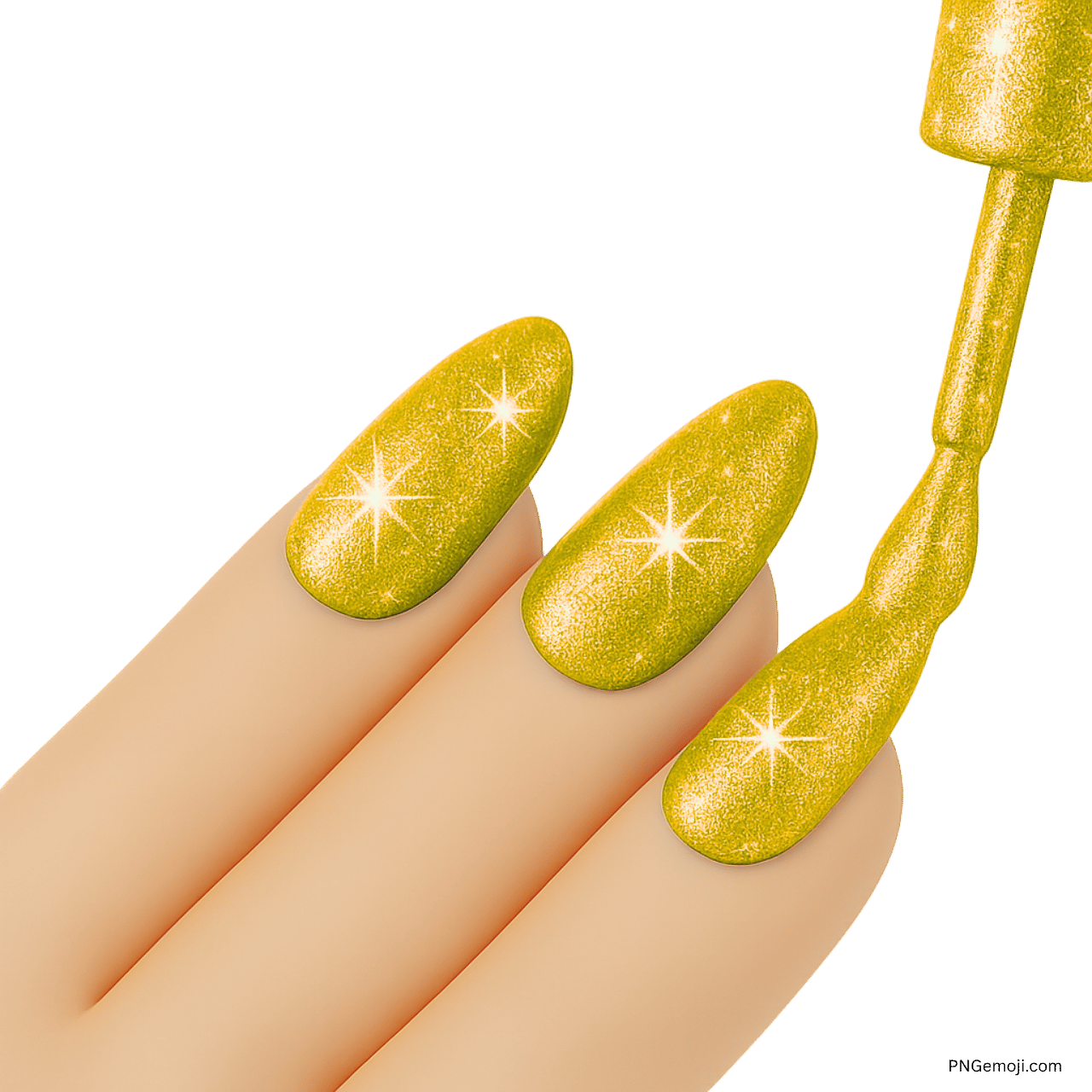 Shiny yellow glitter nail polish on fingers with manicure brush emoji design
