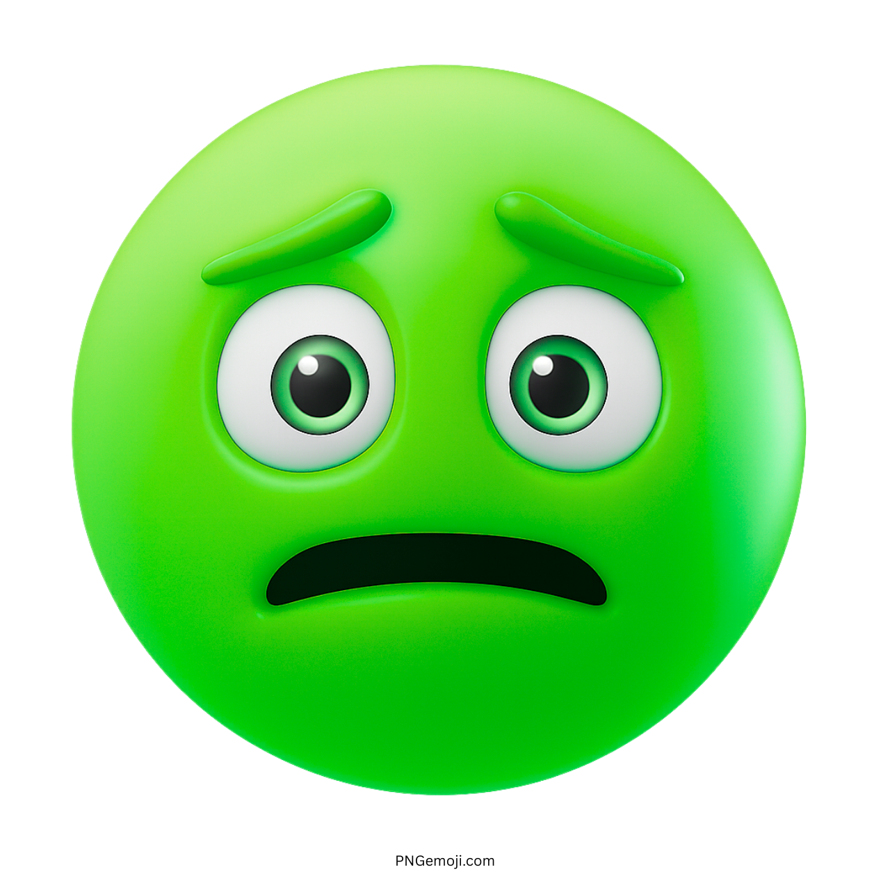 Green 3D emoji with anxious expression, wide eyes, and shocked frown