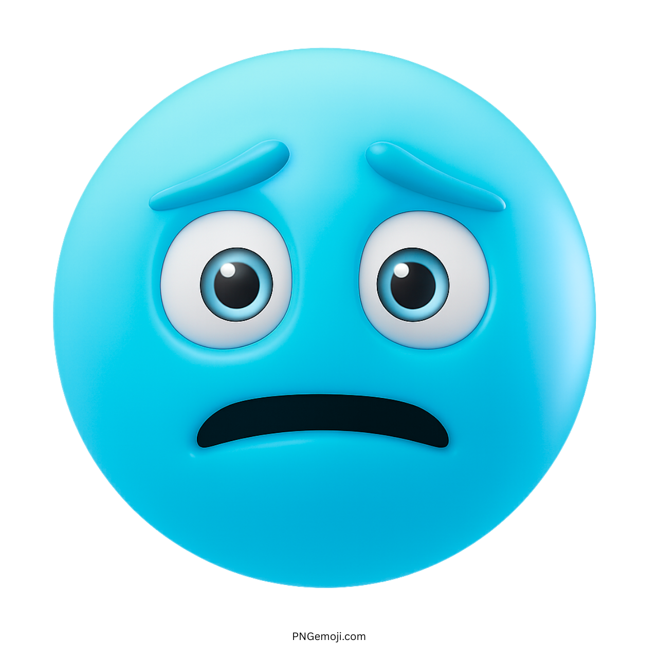 Light blue 3D emoji with wide shocked eyes and anxious curved mouth