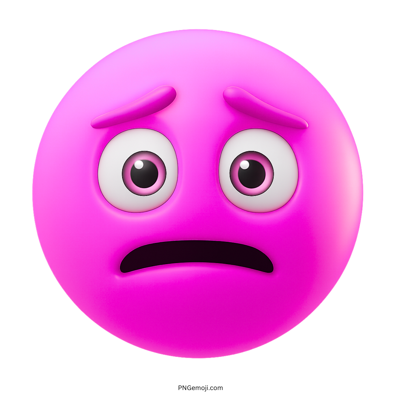 Pink 3D emoji with anxious eyes and shocked, uneasy facial expression