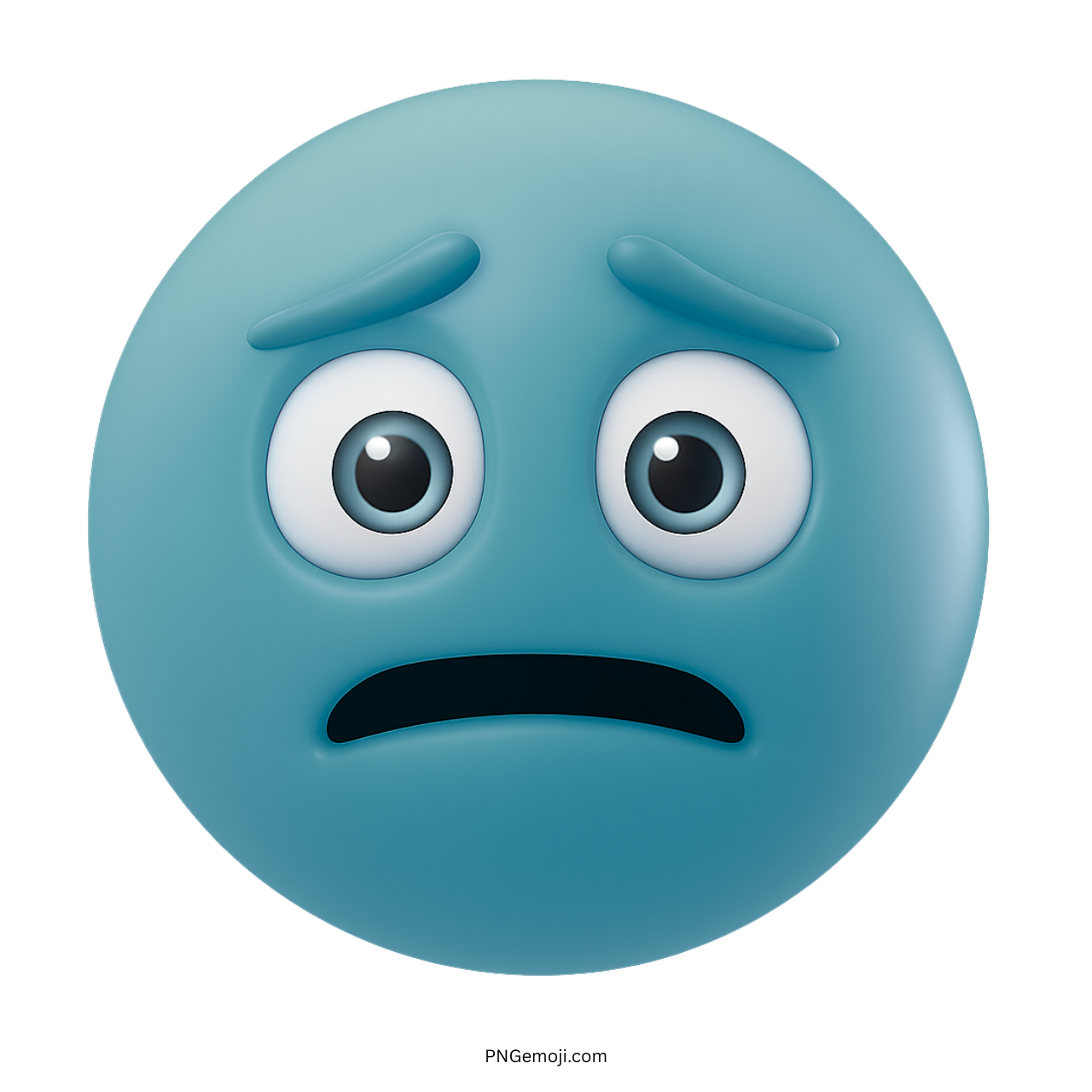Teal 3D emoji with nervous eyes and a curved shocked mouth expression