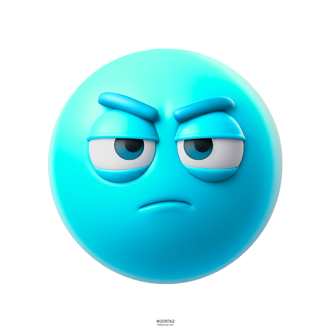 3D cyan blue emoji with narrowed suspicious eyes and disapproving facial expression