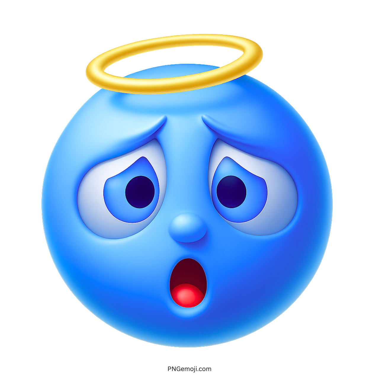 3D blue sweet angel emoji with yellow halo and surprised cute face expression