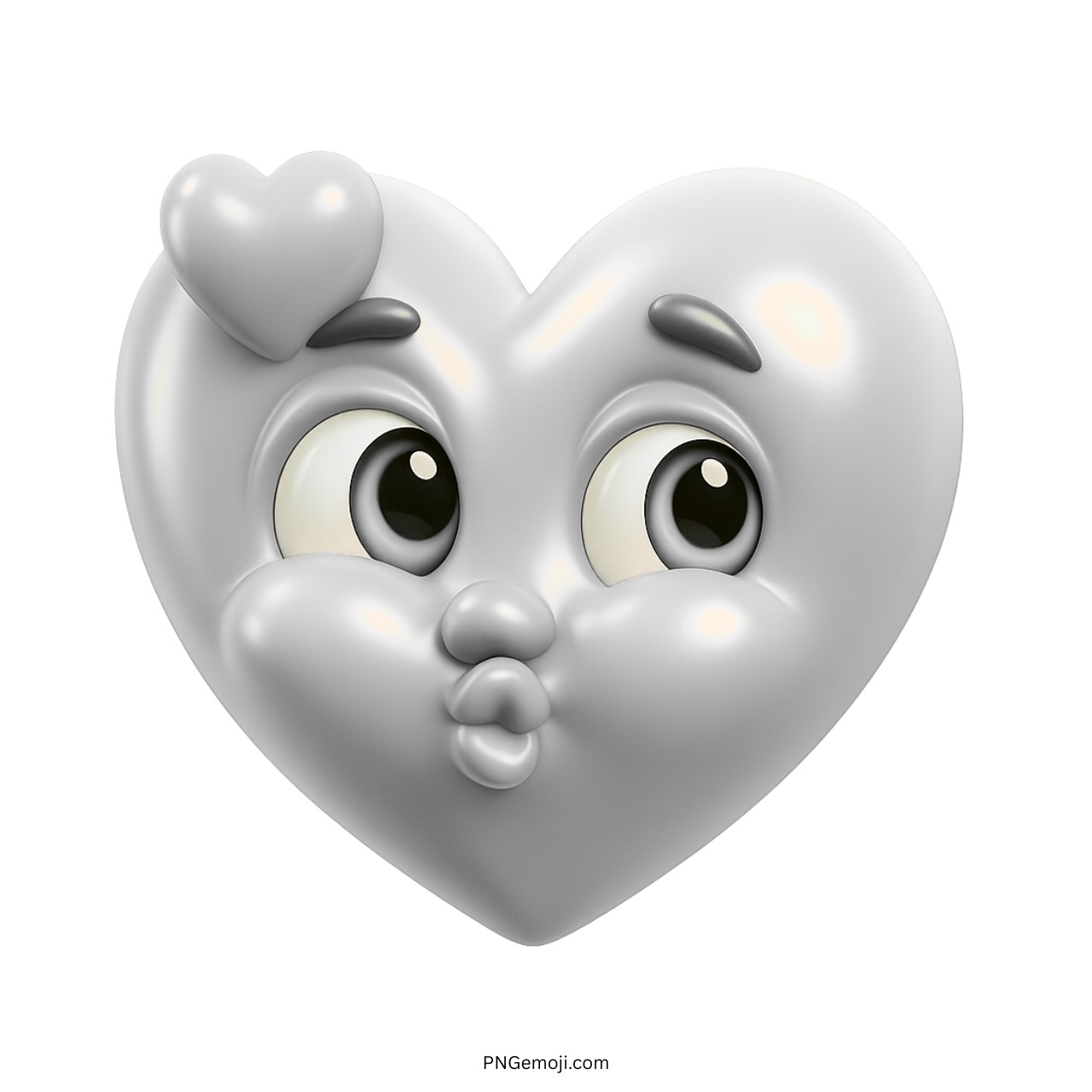 3D white silver heart emoji with kiss lips and expressive cartoon eyes