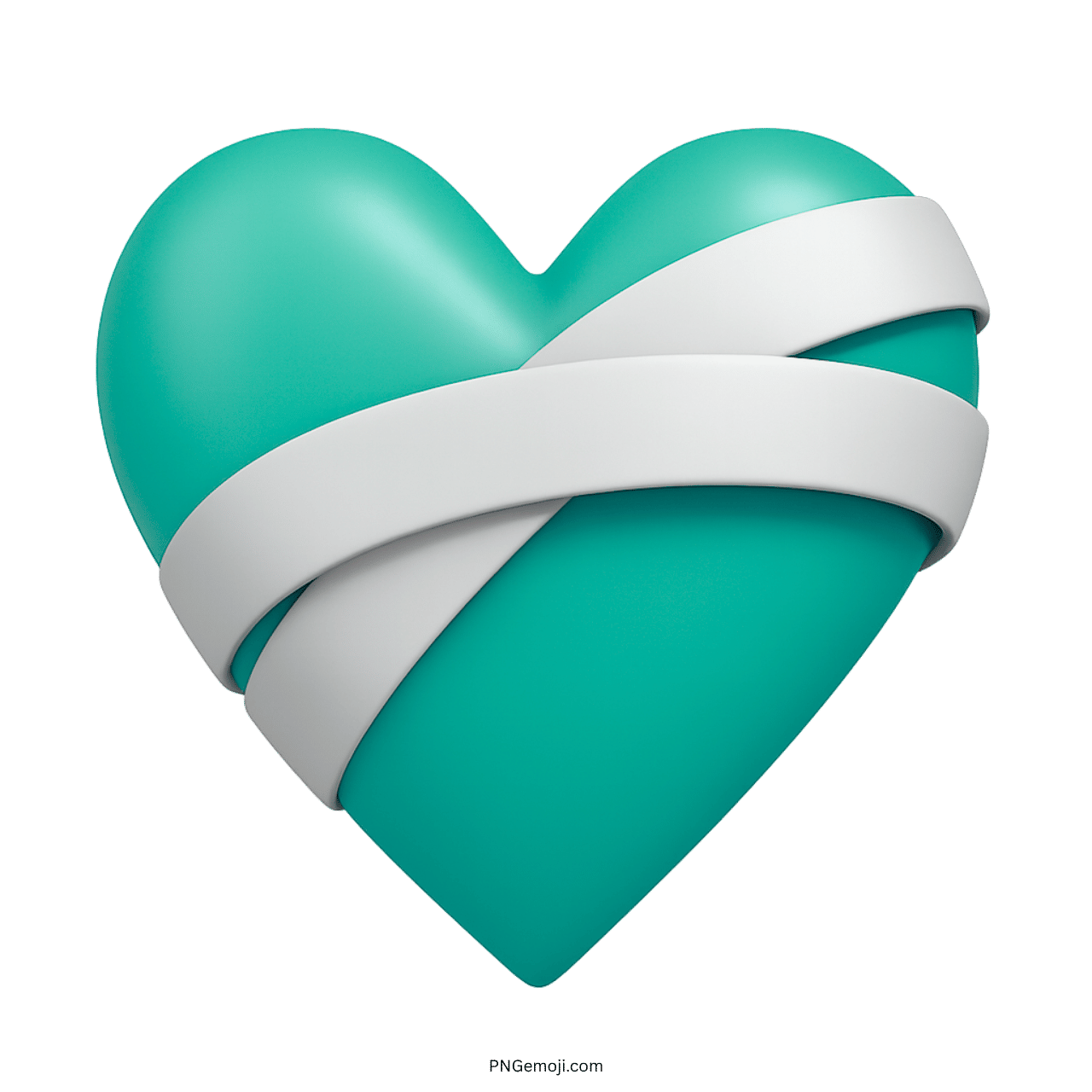 Teal 3D mending heart emoji with white bandage wrapped around it