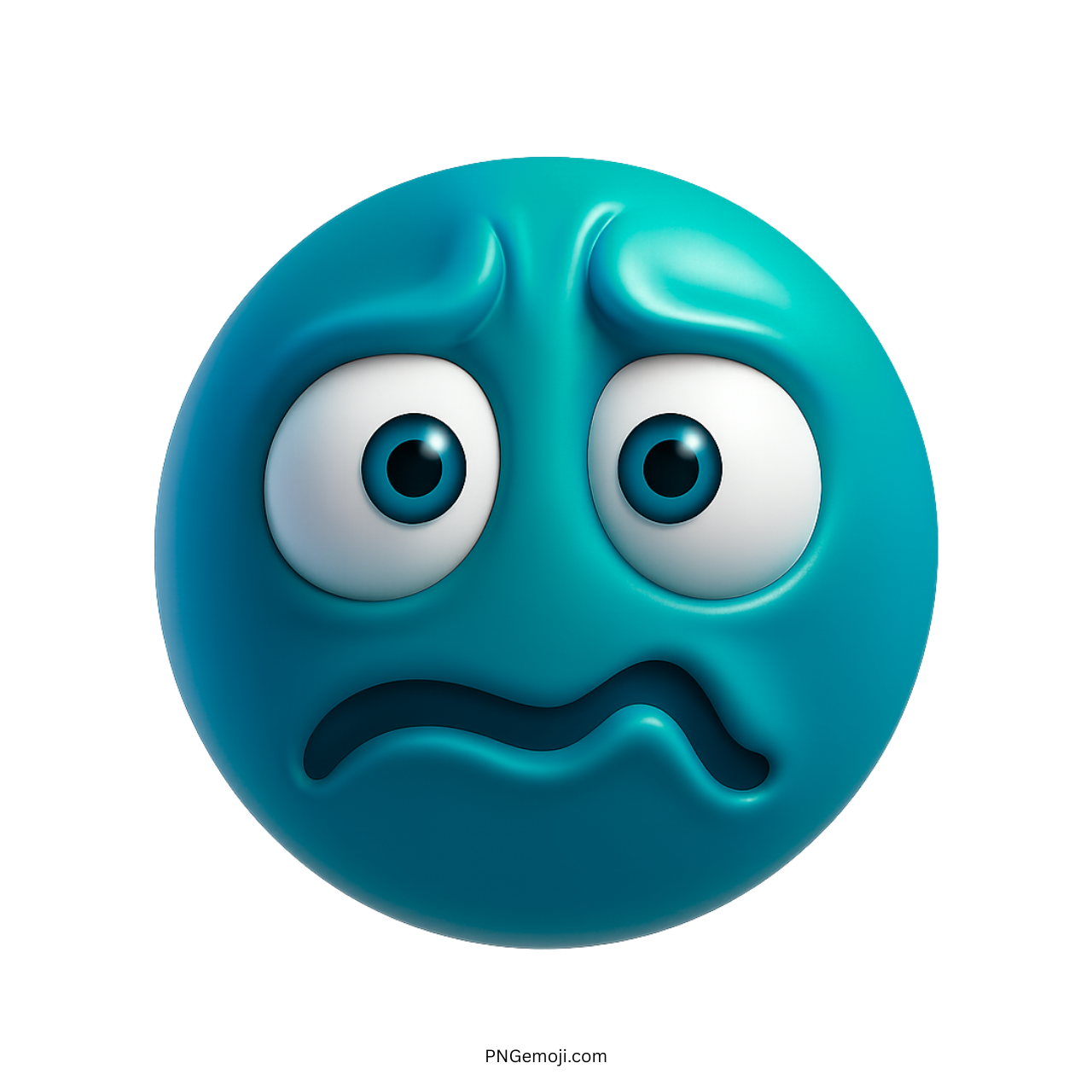 Teal blue 3D emoji with big eyes and wavy mouth showing nervous stress expression