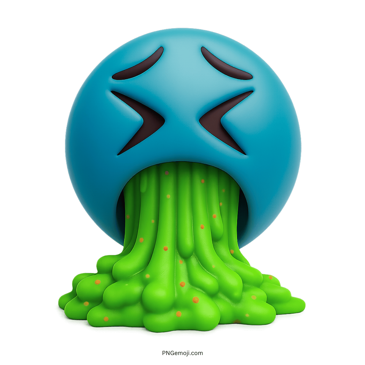 Teal blue 3D emoji vomiting green slime with grossed-out facial expression