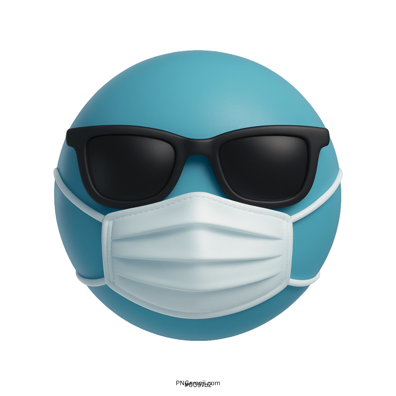 Teal blue emoji with black sunglasses and white face mask expressing safe coolness