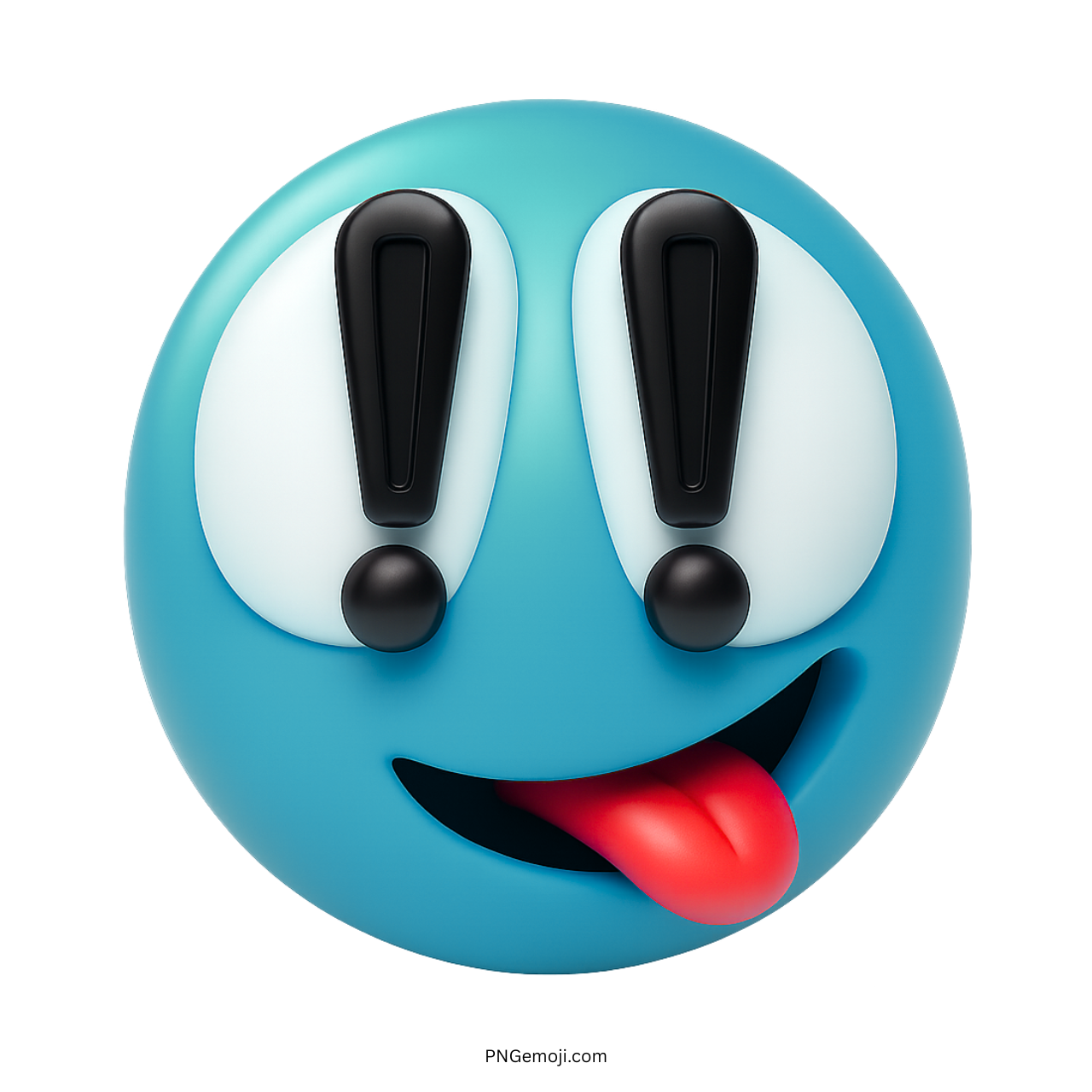 Teal blue emoji with exclamation eyes and red tongue in silly playful expression