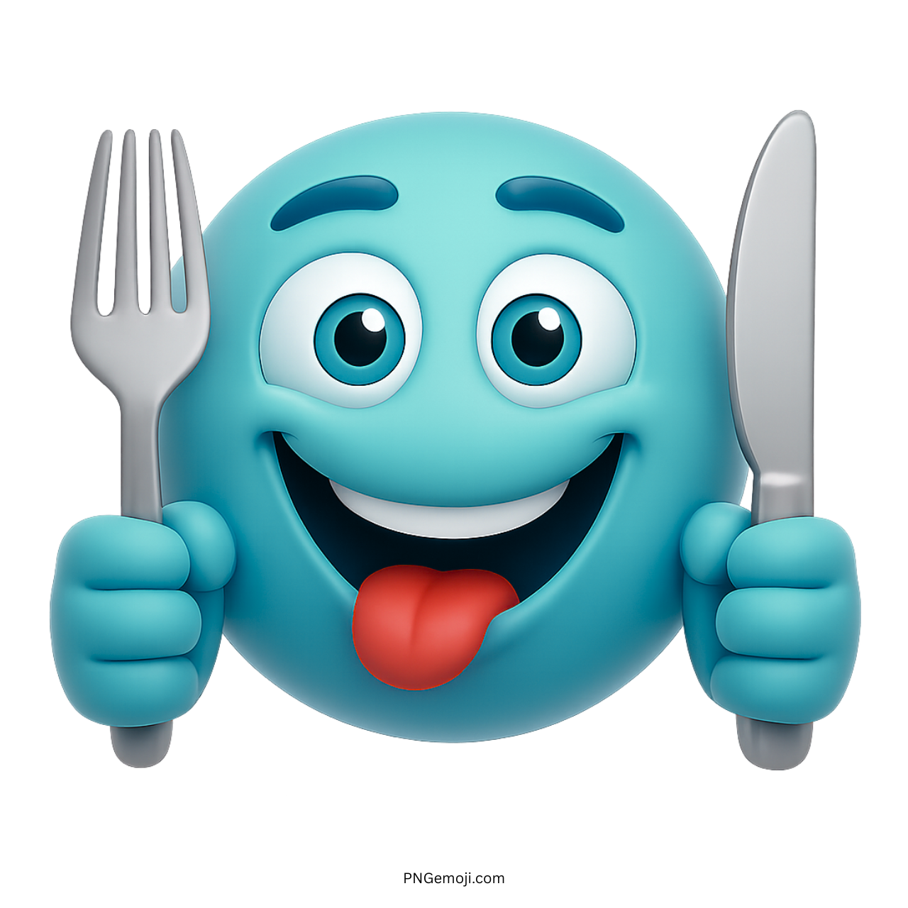 Teal blue hungry emoji with fork, knife, and tongue out expressing food anticipation