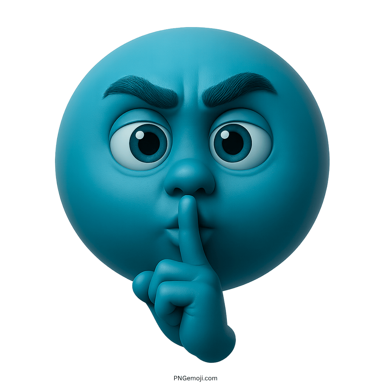 3D teal blue emoji face showing shushing gesture with serious eyes and finger on lips