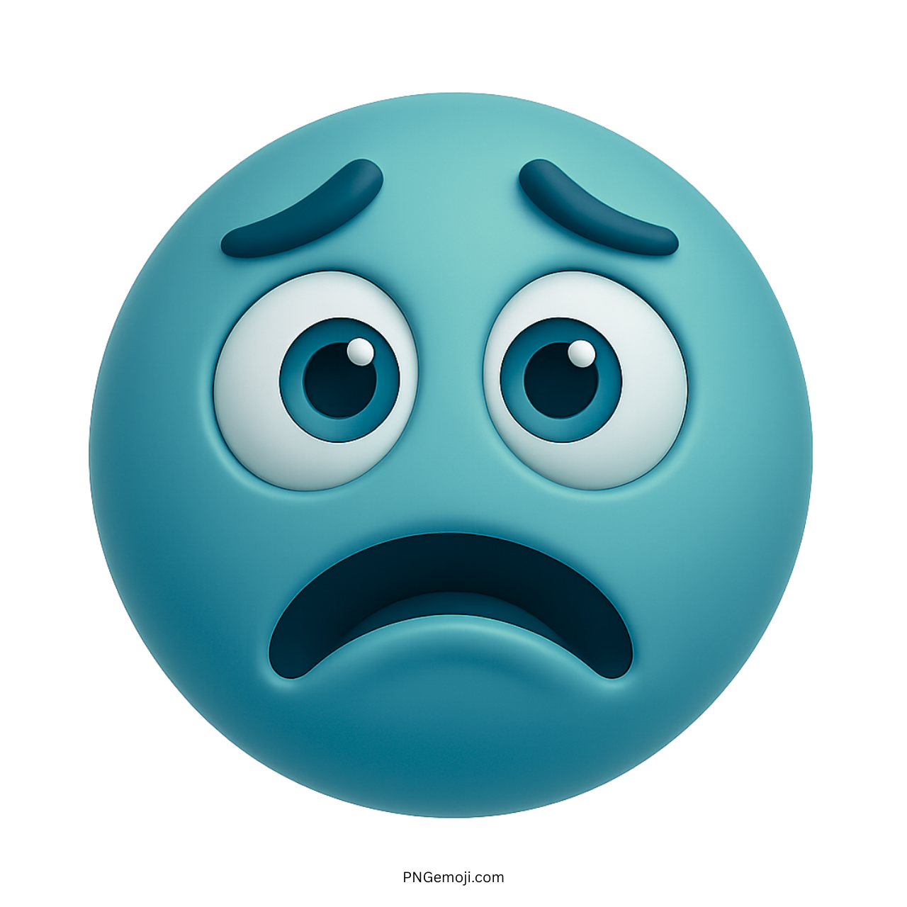Teal bored emoji with wide eyes and a deep frown expressing emotional unease