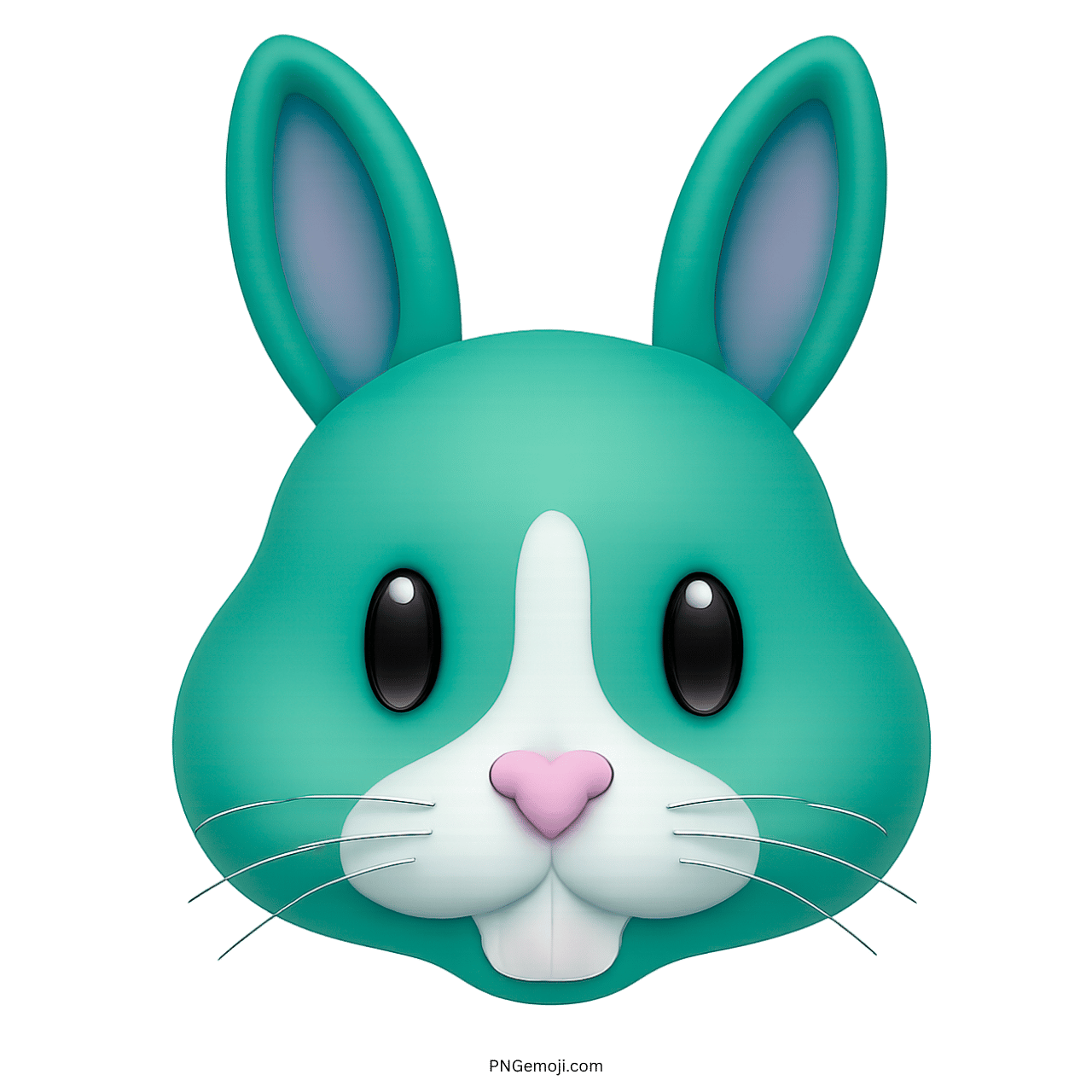 Teal bunny face emoji with large ears, black eyes, pink nose, and white muzzle on green background.