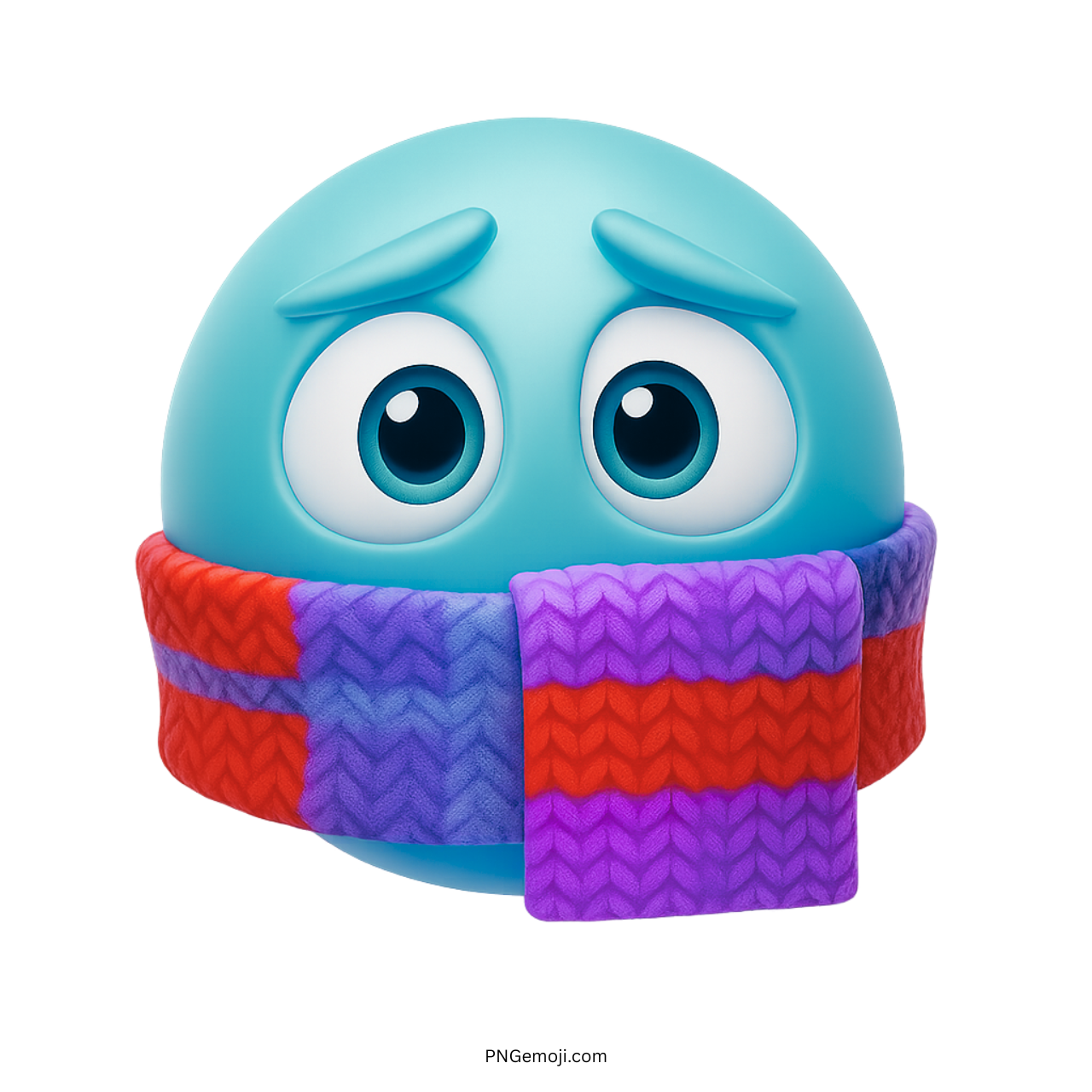 Teal cold emoji wrapped in scarf showing freezing expression with wide sad winter eyes