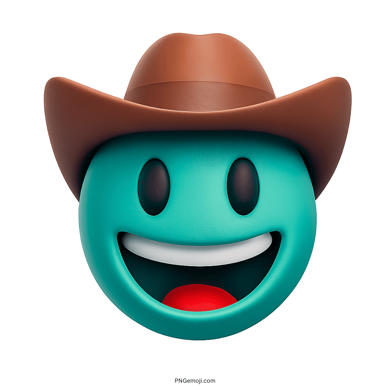 3D teal cowboy emoji with a brown hat and smiling face
