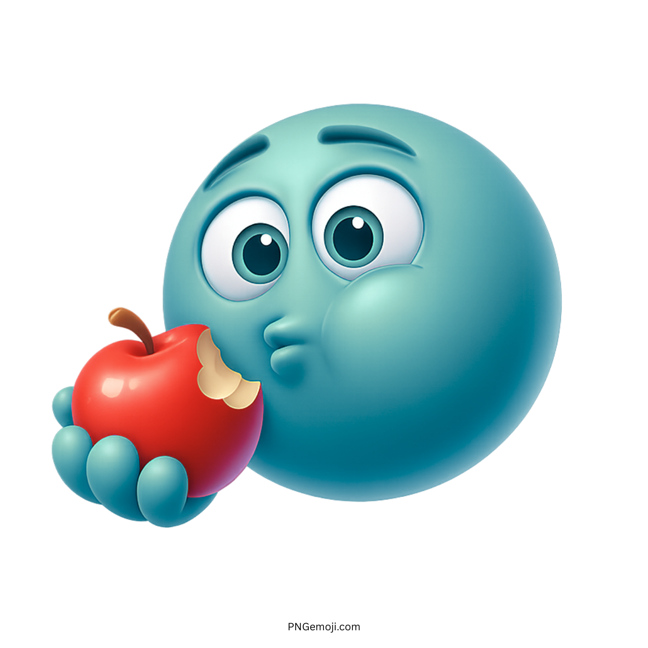 3D teal emoji with wide eyes eating a bitten red apple, puffed cheeks visible