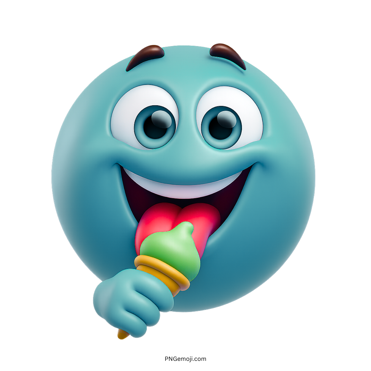 Teal emoji happily licking ice cream with cute eyes and 3D cartoon style