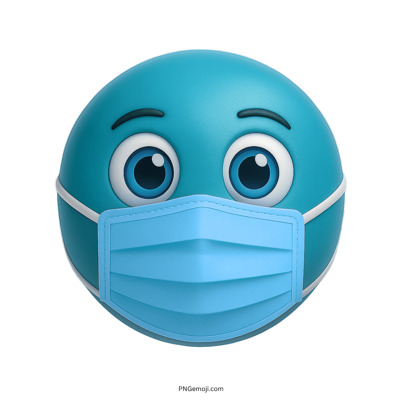 Teal emoji face with big round eyes and a blue surgical health mask