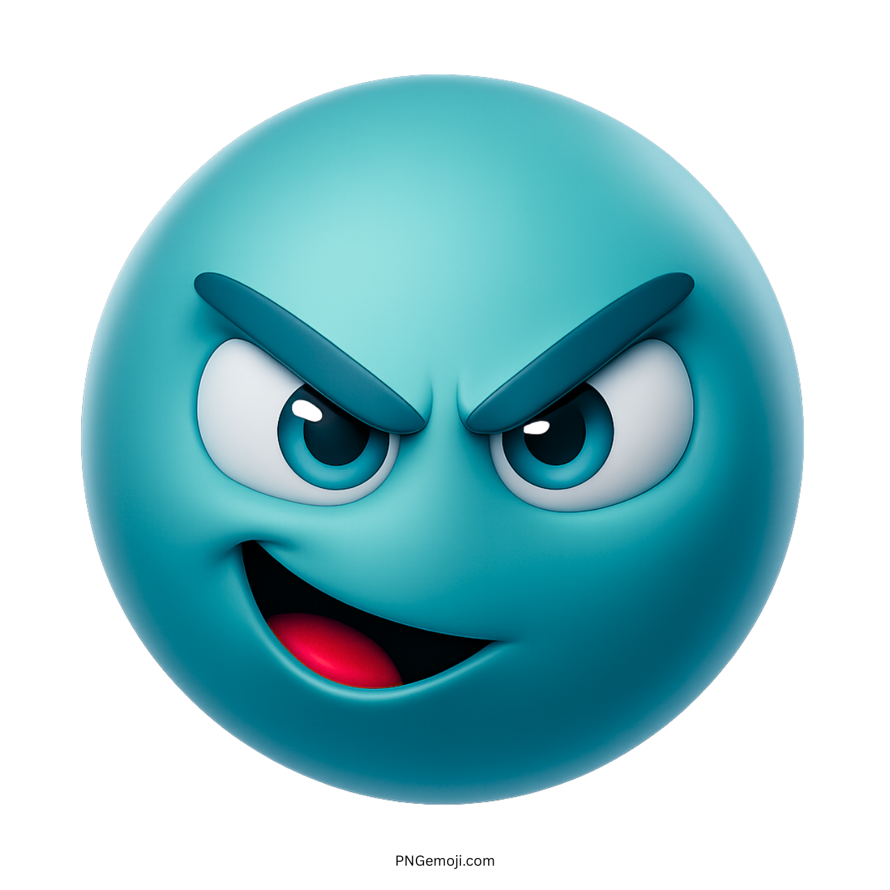 Teal emoji face with devilish grin, sharp eyes, and mischievous raised brows