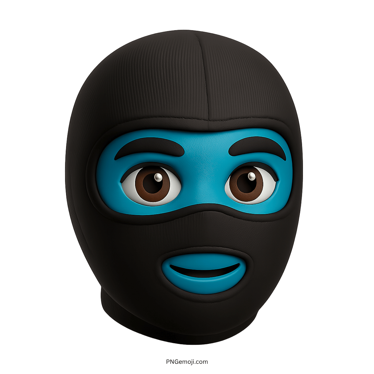 3D teal face ski mask emoji with soft brown eyes and a friendly smile