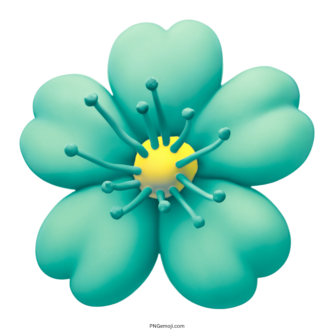 3D Teal Flower Emoji PNG with transparent background, yellow center and soft petals