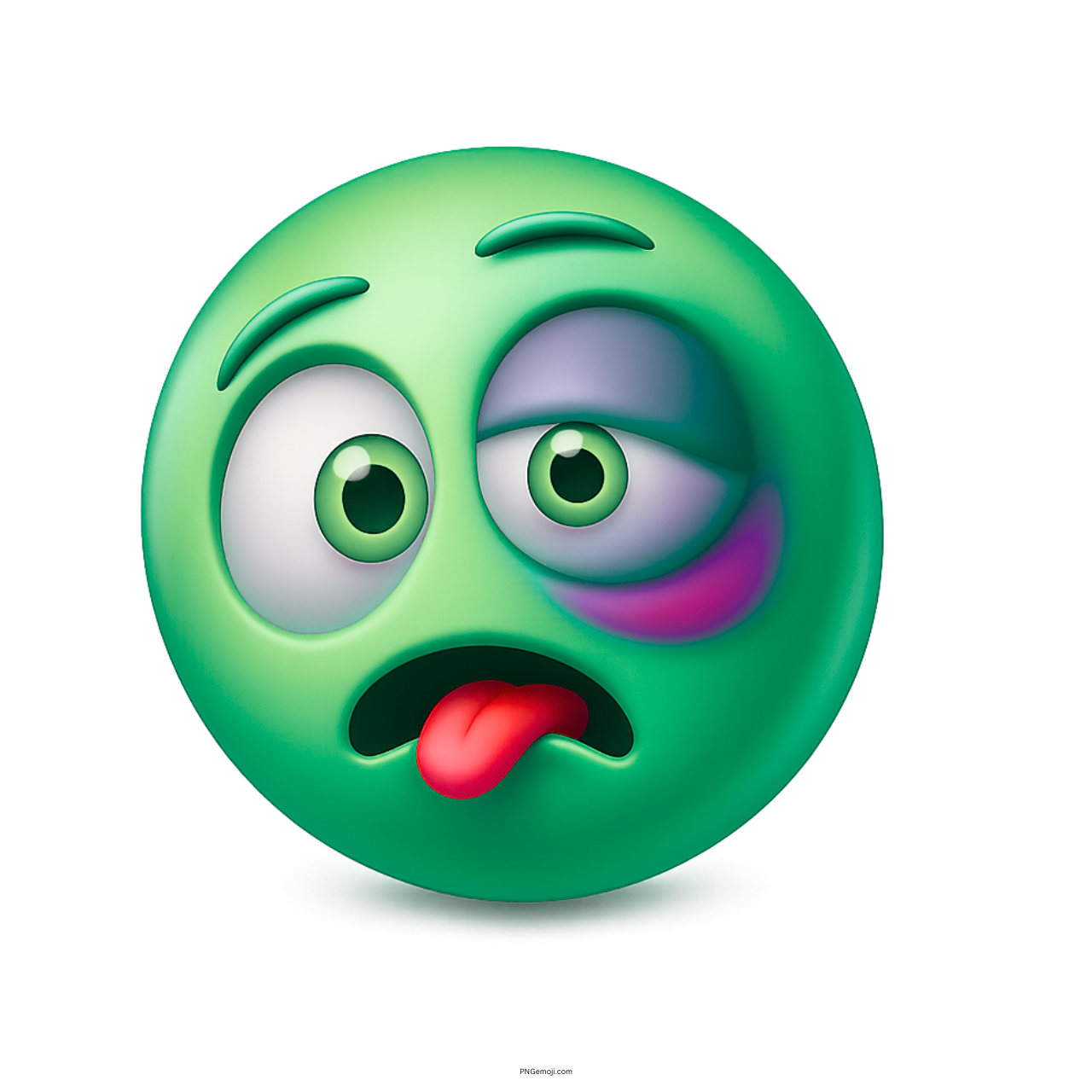 Teal green emoji with swollen bruised eye and tongue sticking out cartoon face