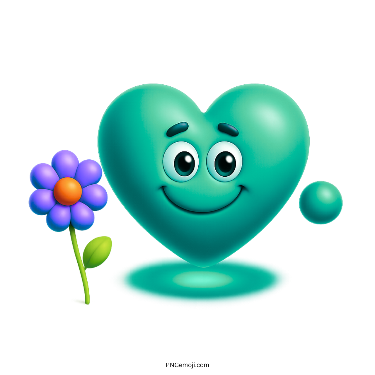 Teal green heart emoji with cute flower and smiling cartoon face