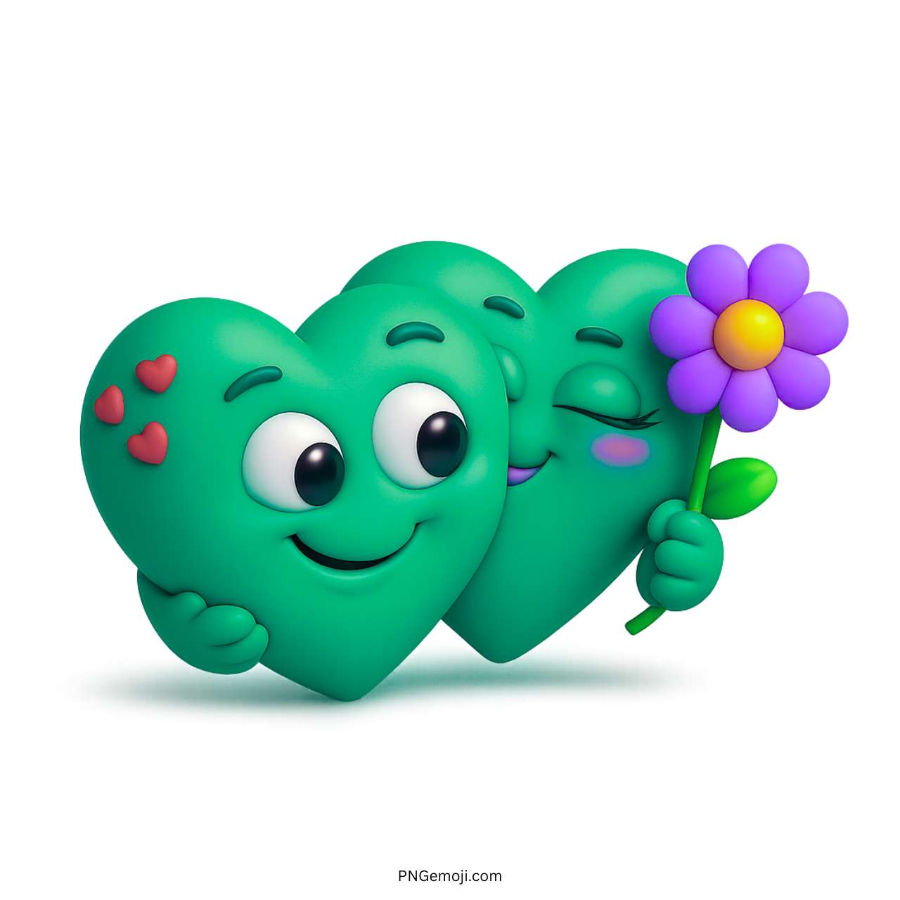 Teal green 3D heart emoji couple hugging and holding flower in love