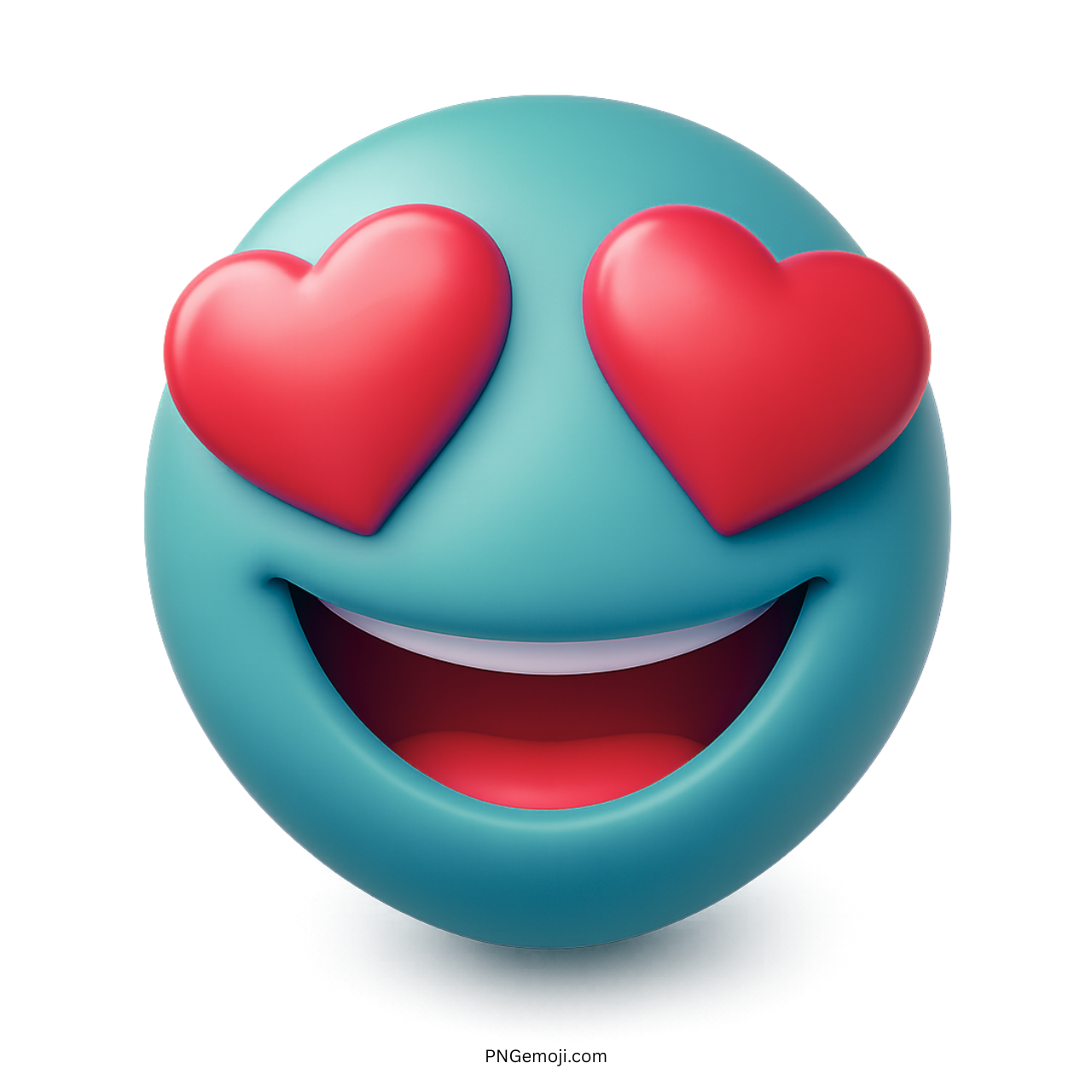 3D teal emoji with red heart eyes and smiling mouth showing love.