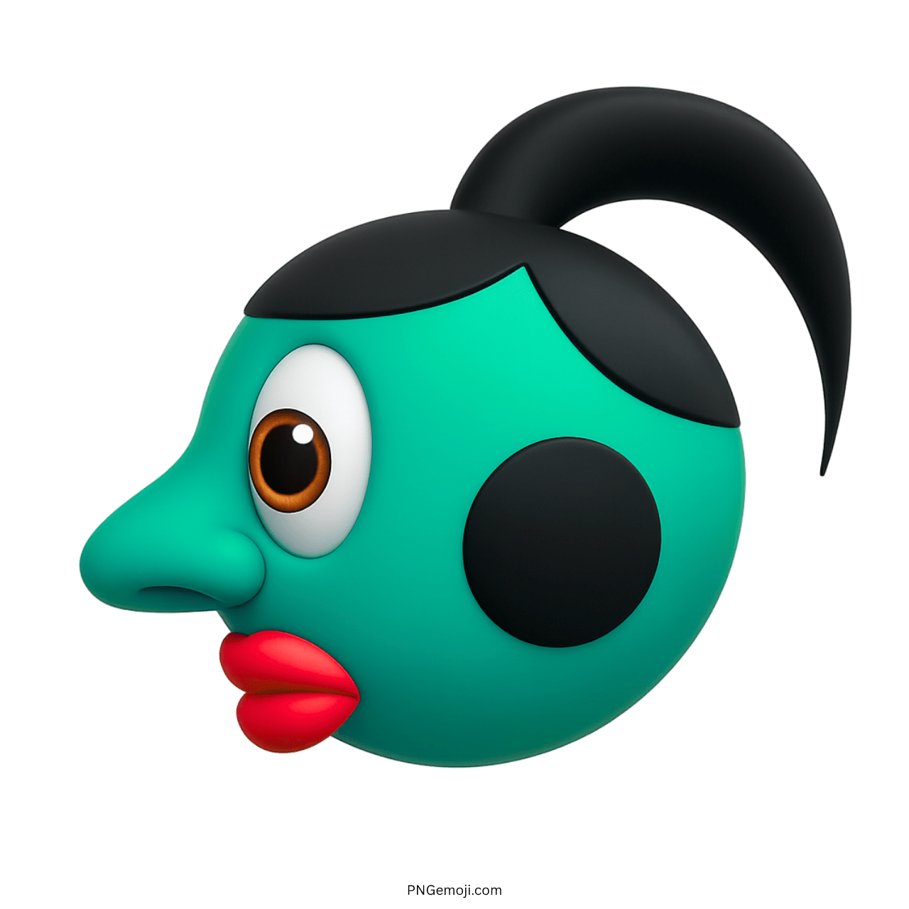 Teal 3D cartoon emoji face with black hyperpigmentation spots and ponytail