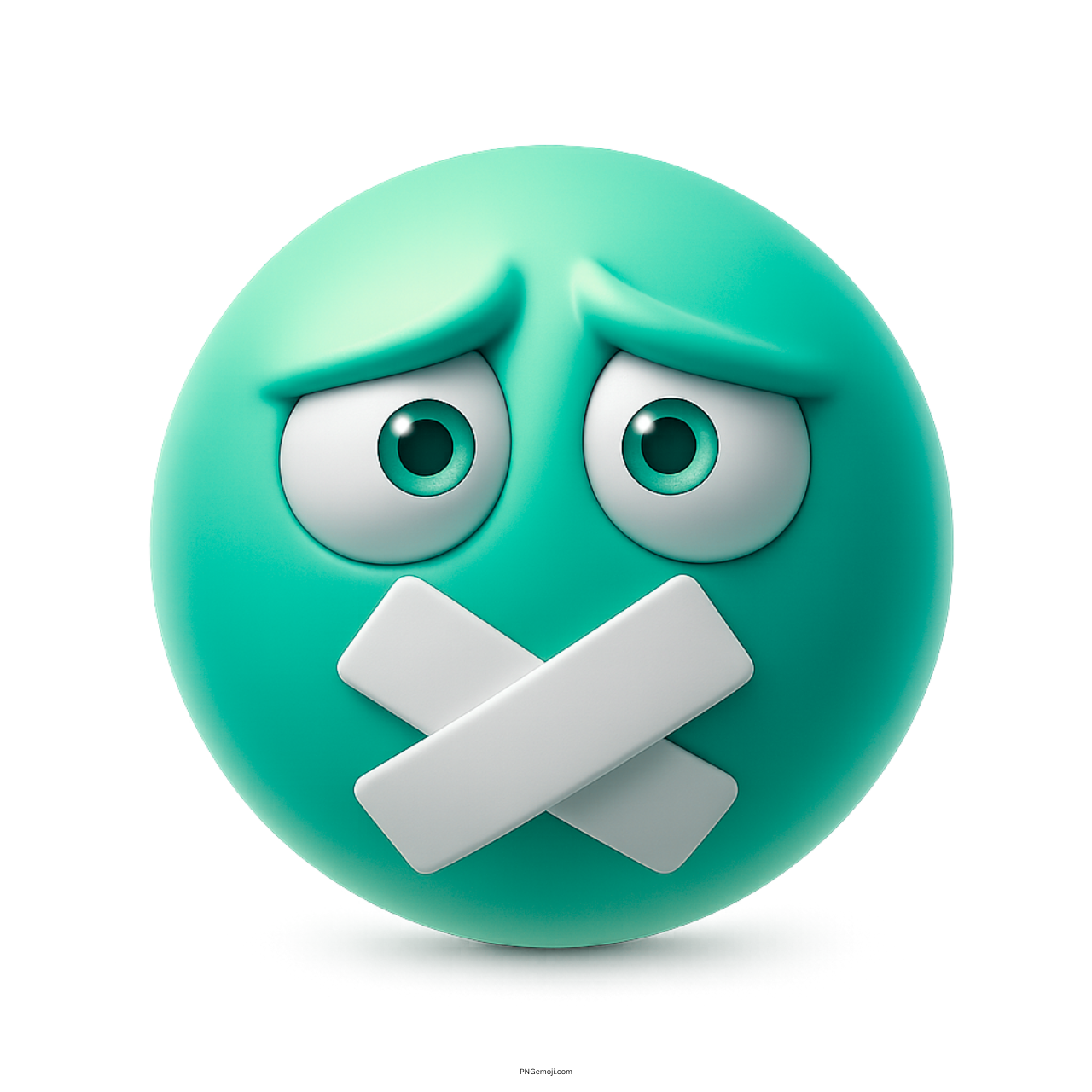 Teal muted emoji with big eyes and taped mouth showing worried silence