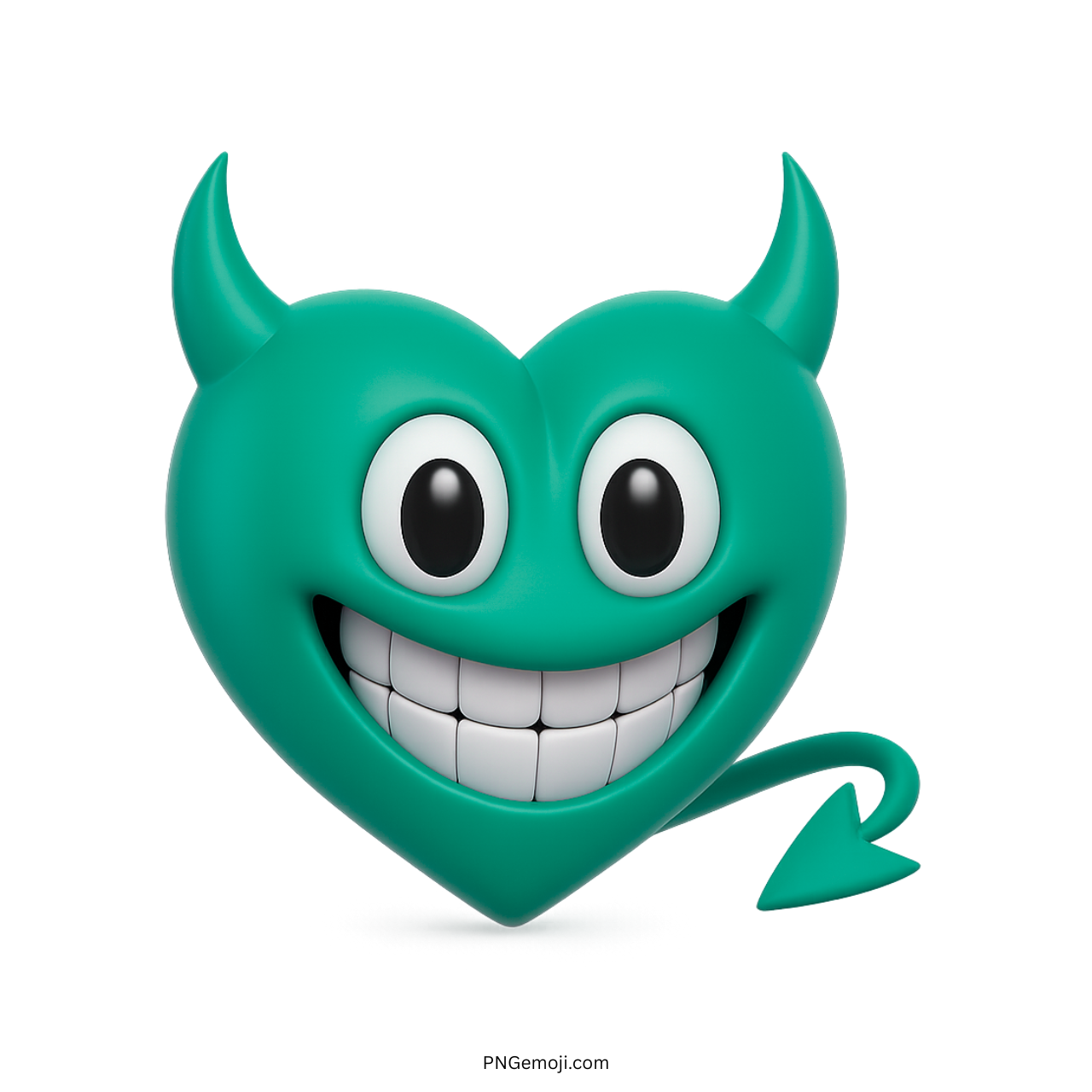 3D teal heart emoji with devil horns, big cheeky grin, and curled tail